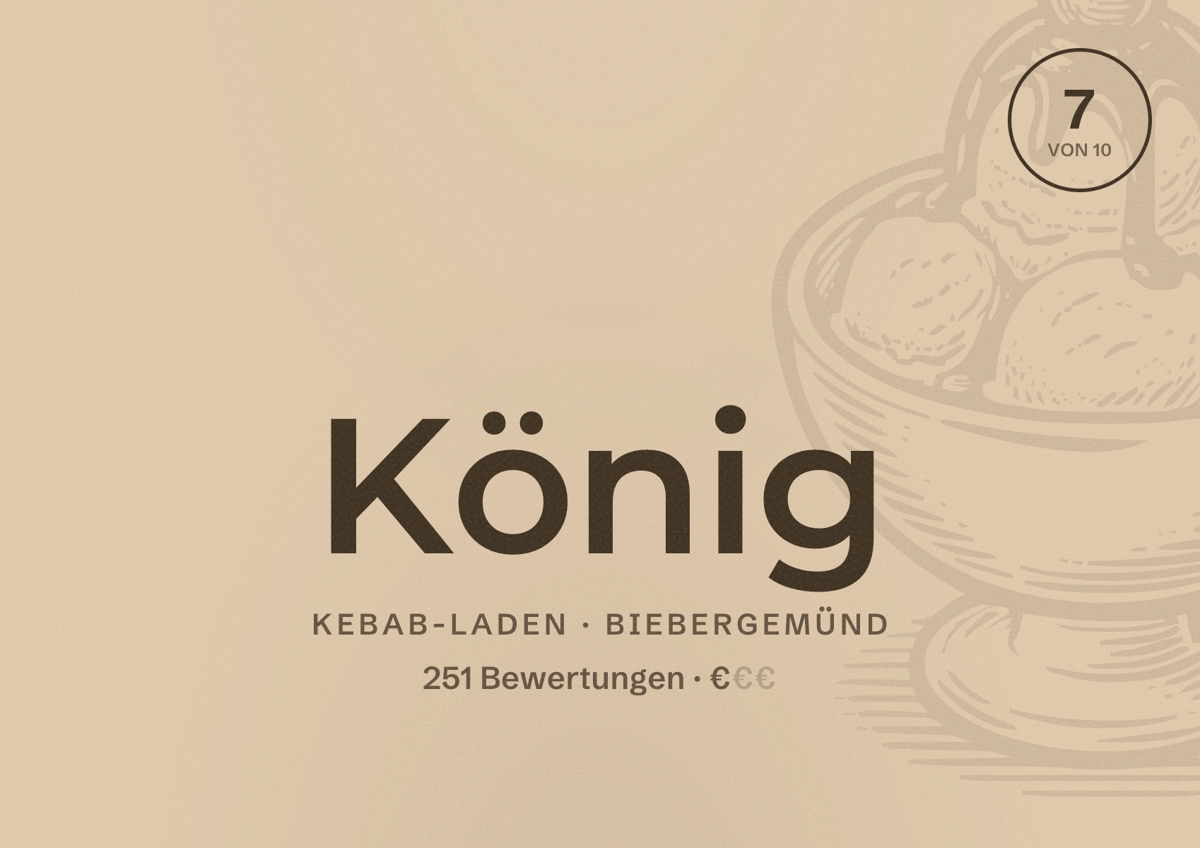 Illustriertes Poster von König, Kebab-Laden in Biebergemünd: Bewertung 7 von 10 aus 251 Bewertungen, Preisniveau €