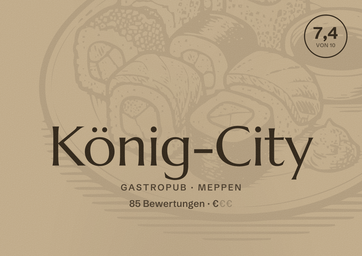 Illustriertes Poster von König-City, Gastropub in Meppen: Bewertung 7,4 von 10 aus 85 Bewertungen, Preisniveau €