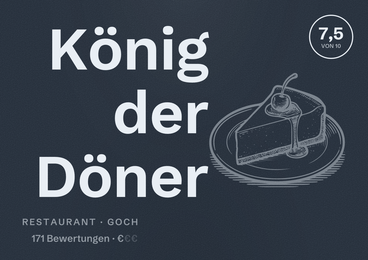 Illustriertes Poster von König der Döner, Restaurant in Goch: Bewertung 7,5 von 10 aus 171 Bewertungen, Preisniveau €