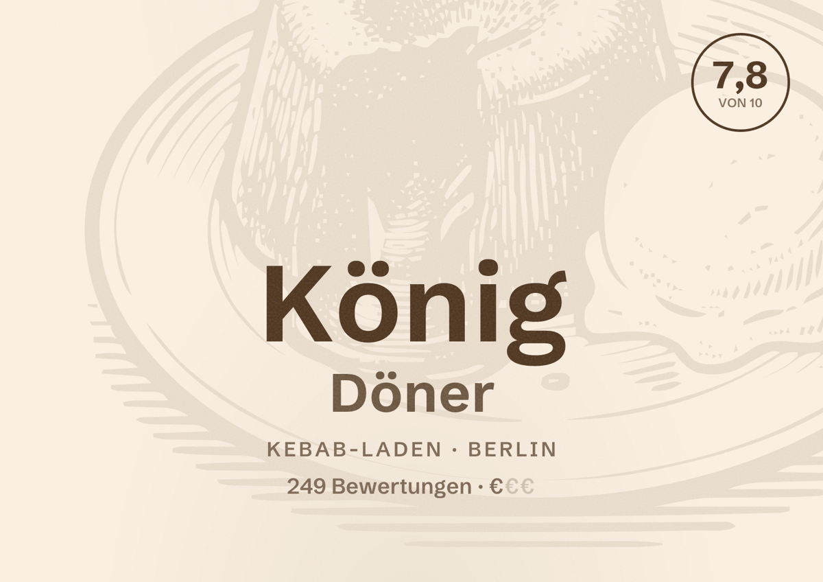 Illustriertes Poster von König Döner, Kebab-Laden in Berlin: Bewertung 7,8 von 10 aus 249 Bewertungen, Preisniveau €