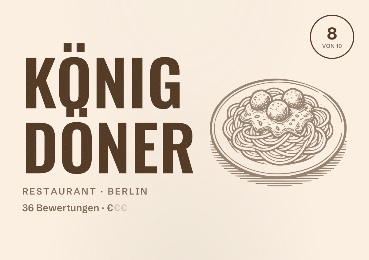 Illustriertes Poster von König Döner, Restaurant in Berlin: Bewertung 8,0 von 10 aus 36 Bewertungen, Preisniveau €