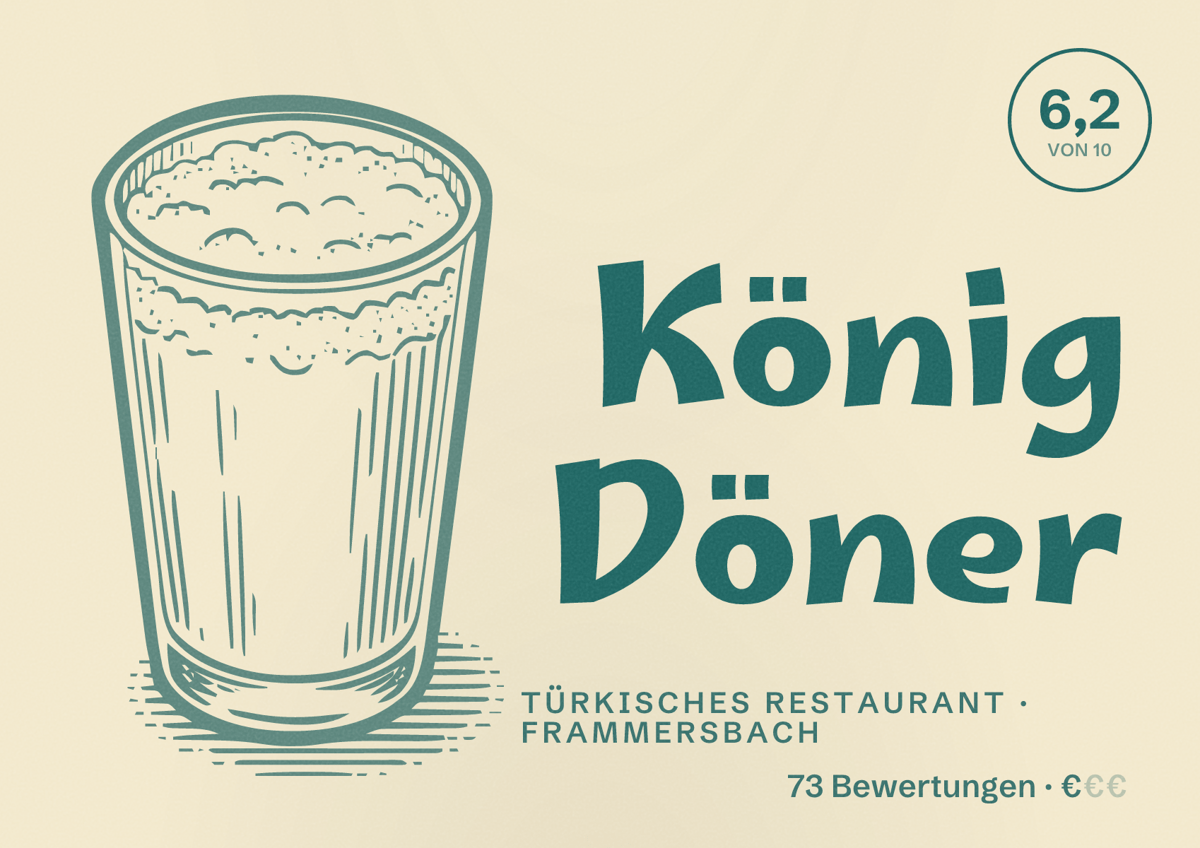 Illustriertes Poster von König Döner, Türkisches Restaurant in Frammersbach: Bewertung 6,2 von 10 aus 73 Bewertungen, Preisniveau €