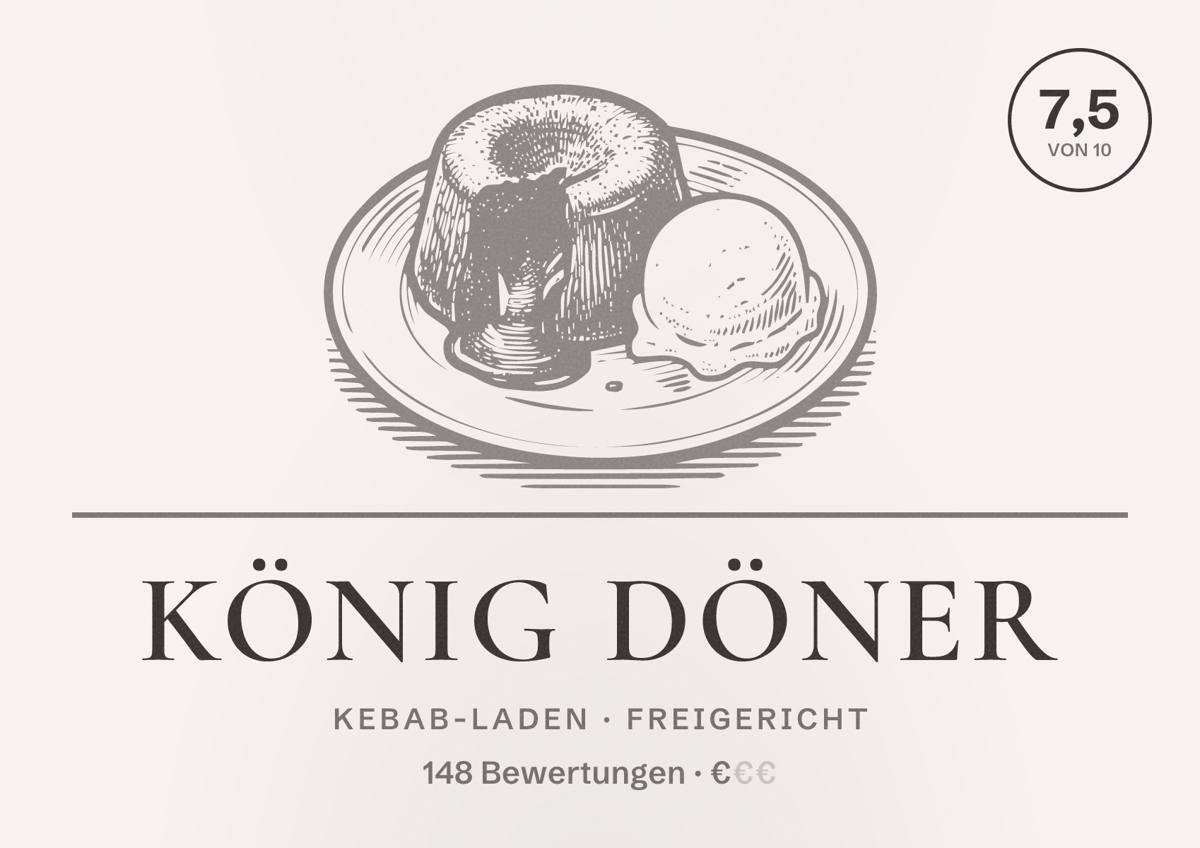 Illustriertes Poster von König Döner, Kebab-Laden in Freigericht: Bewertung 7,5 von 10 aus 148 Bewertungen, Preisniveau €