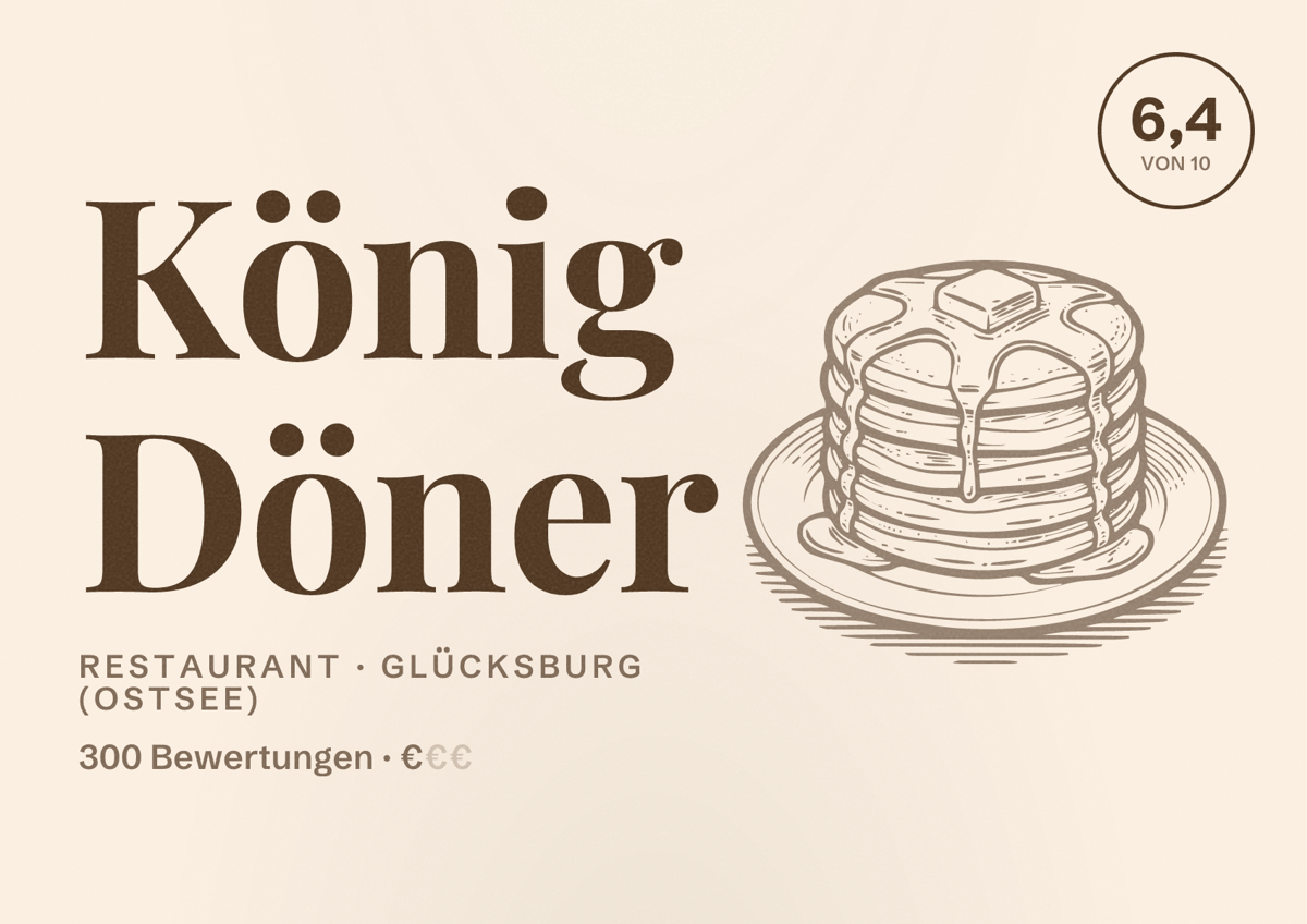 Illustriertes Poster von König Döner, Restaurant in Glücksburg (Ostsee): Bewertung 6,4 von 10 aus 300 Bewertungen, Preisniveau €