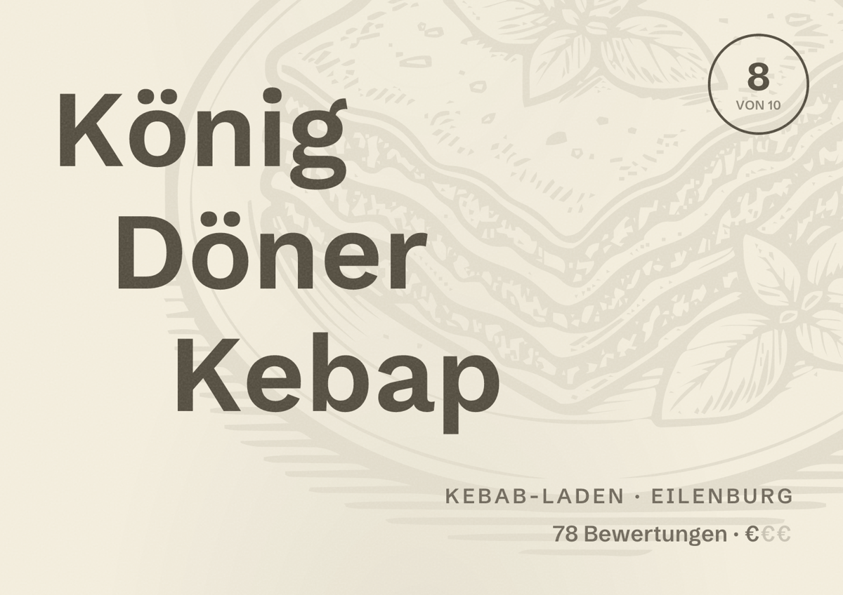Illustriertes Poster von König Döner Kebap, Kebab-Laden in Eilenburg: Bewertung 8 von 10 aus 78 Bewertungen, Preisniveau €