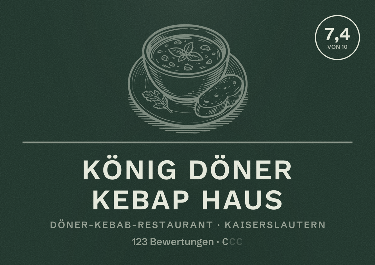Illustriertes Poster von König Döner Kebap Haus, Döner-Kebab-Restaurant in Kaiserslautern: Bewertung 7,4 von 10 aus 123 Bewertungen, Preisniveau €