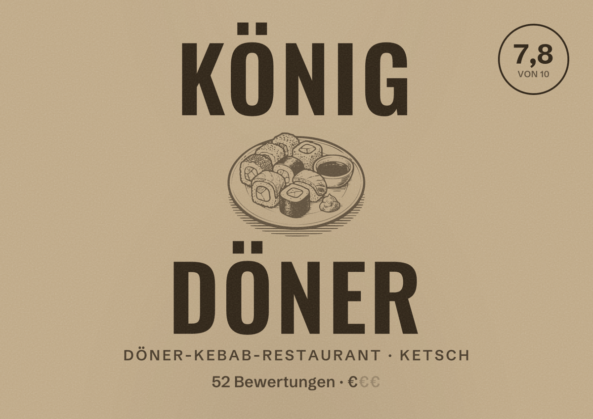 Illustriertes Poster von König Döner, Döner-Kebab-Restaurant in Ketsch: Bewertung 7,8 von 10 aus 52 Bewertungen, Preisniveau €
