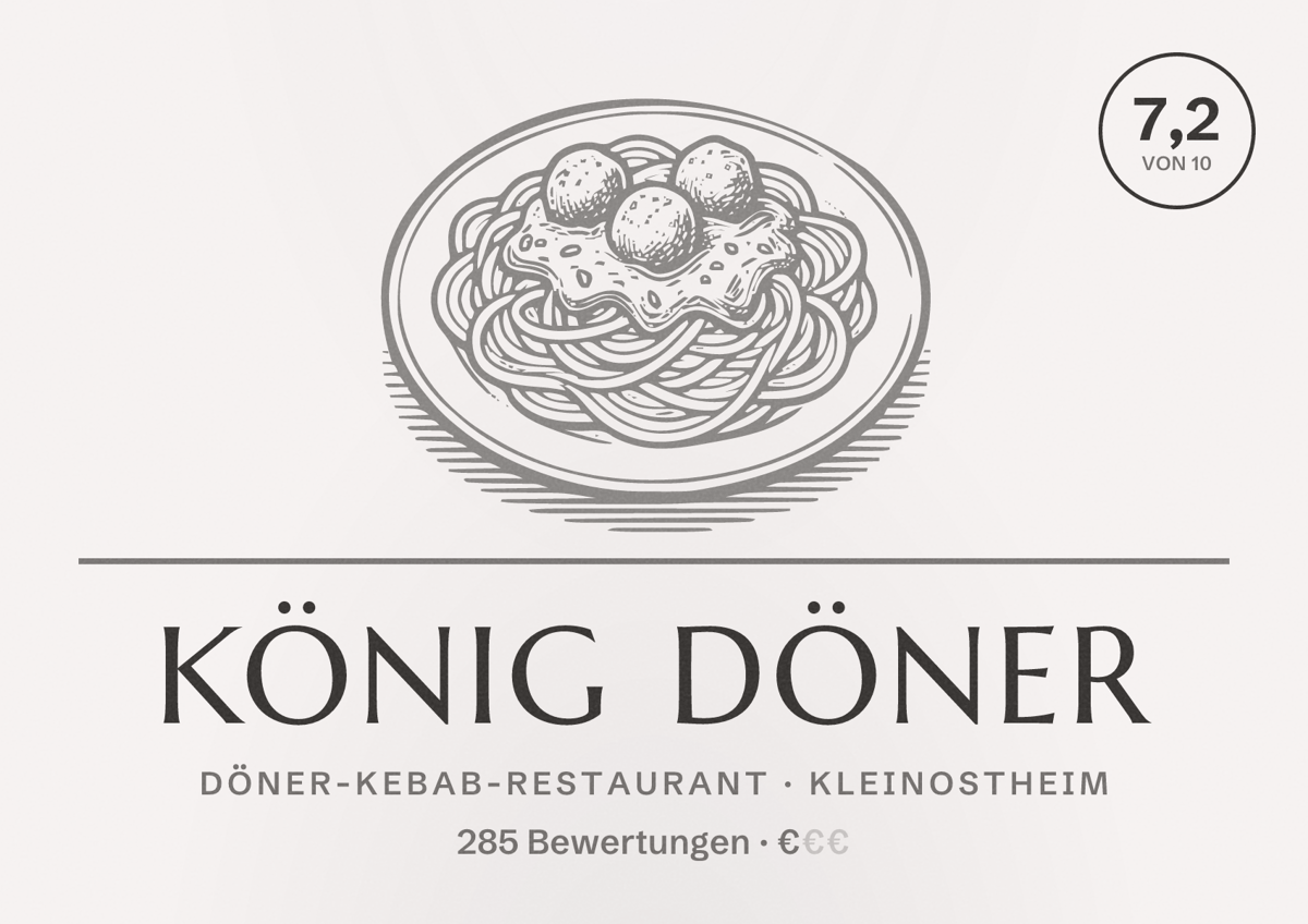 Illustriertes Poster von König Döner, Döner-Kebab-Restaurant in Kleinostheim: Bewertung 7,2 von 10 aus 285 Bewertungen, Preisniveau €