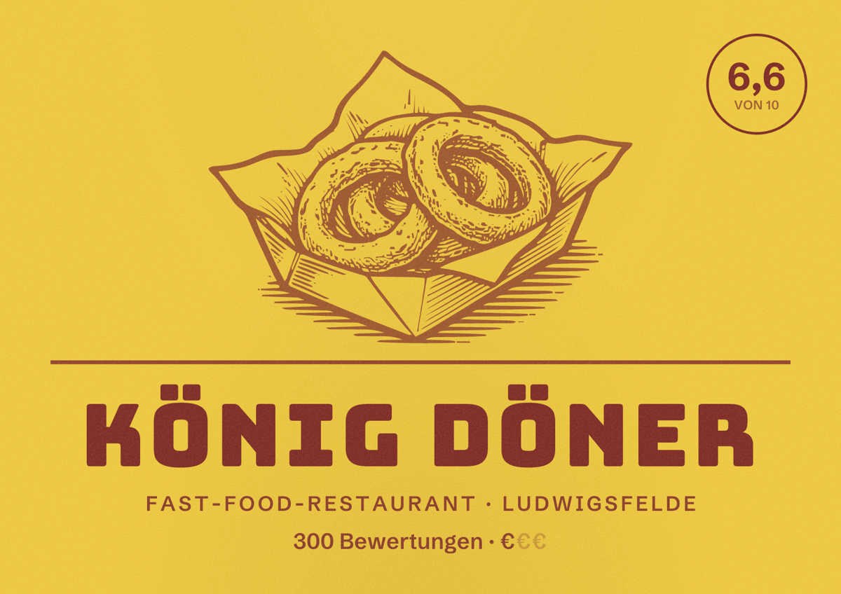 Illustriertes Poster von König Döner, Fast-Food-Restaurant in Ludwigsfelde: Bewertung 6,6 von 10 aus 300 Bewertungen, Preisniveau €