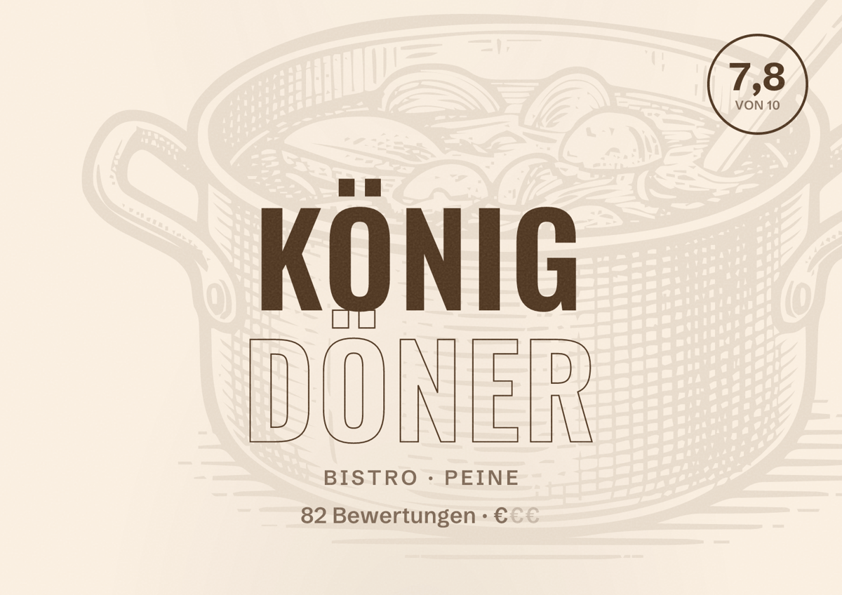 Illustriertes Poster von König Döner, Bistro in Peine: Bewertung 7,8 von 10 aus 82 Bewertungen, Preisniveau €