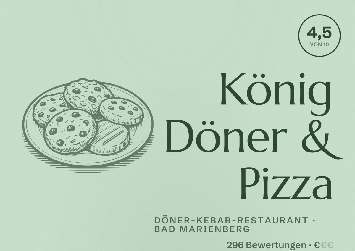 Illustriertes Poster von König Döner & Pizza, Döner-Kebab-Restaurant in Bad Marienberg: Bewertung 4,5 von 10 aus 296 Bewertungen, Preisniveau €