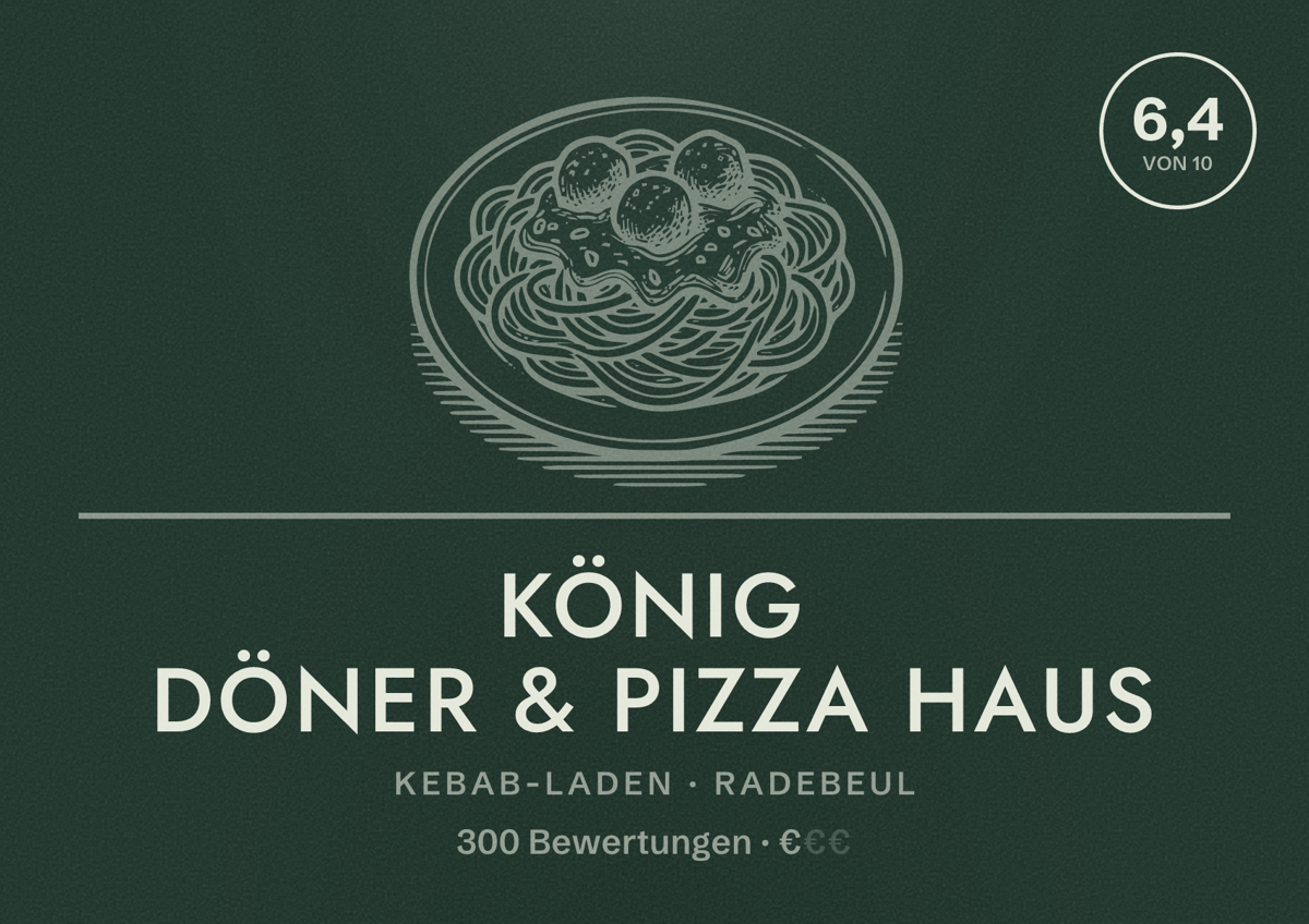 Illustriertes Poster von König Döner & Pizza Haus, Kebab-Laden in Radebeul: Bewertung 6,4 von 10 aus 300 Bewertungen, Preisniveau €