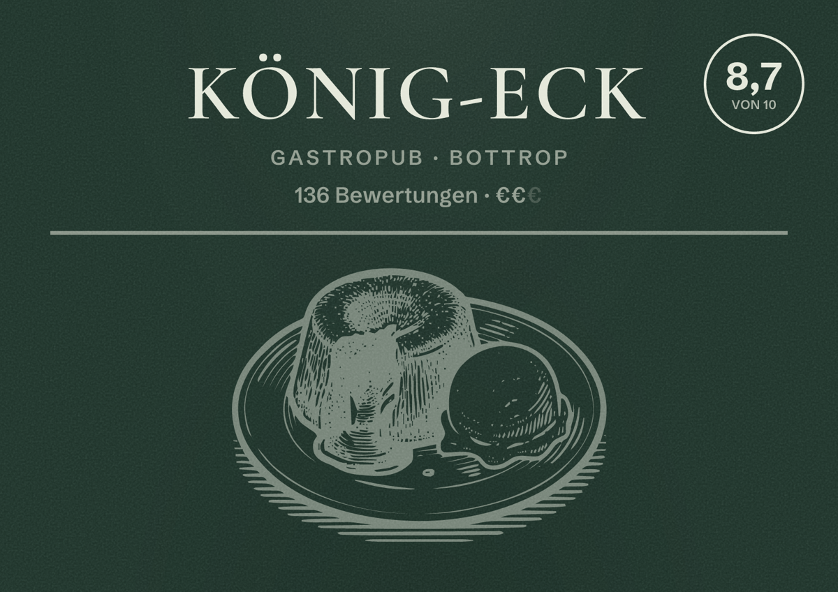 Illustriertes Poster von König-Eck, Gastropub in Bottrop: Bewertung 8,7 von 10 aus 136 Bewertungen, Preisniveau €€