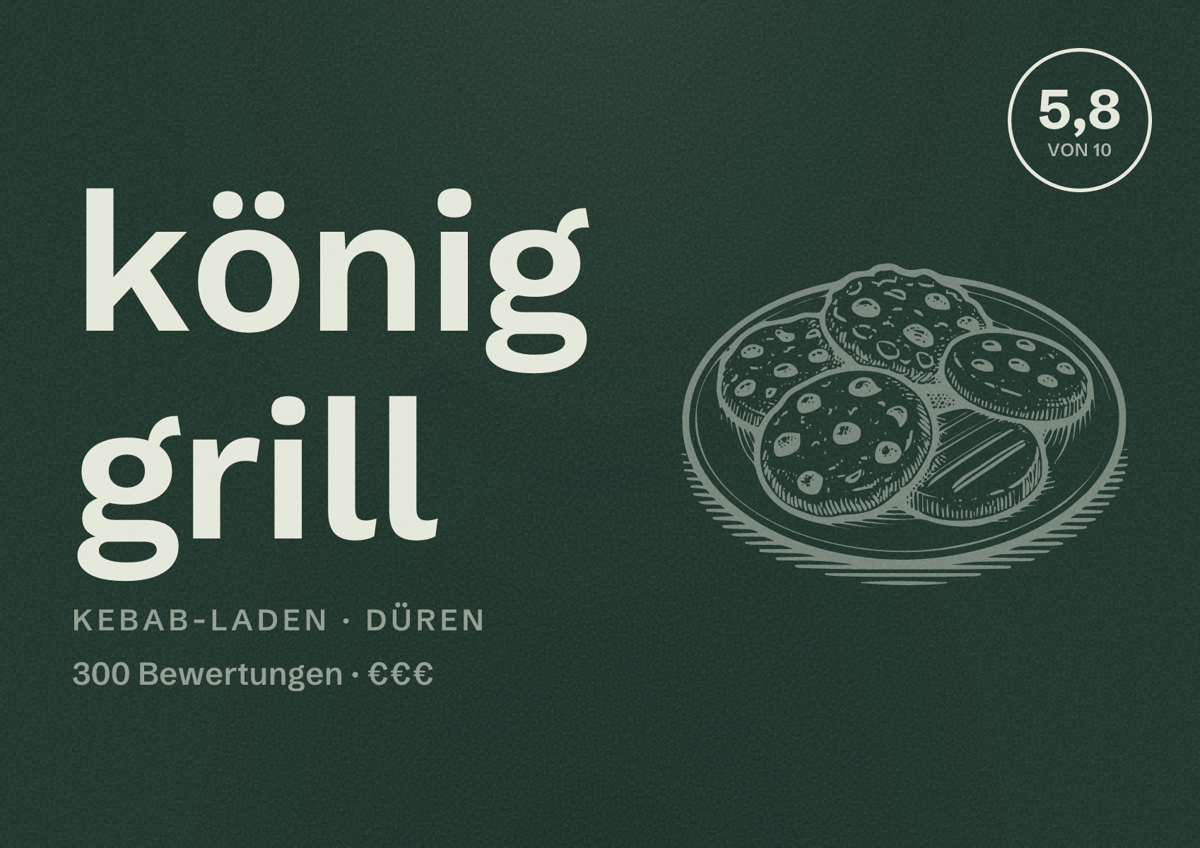 Illustriertes Poster von könig grill, Kebab-Laden in Düren: Bewertung 5,8 von 10 aus 300 Bewertungen, Preisniveau €€€