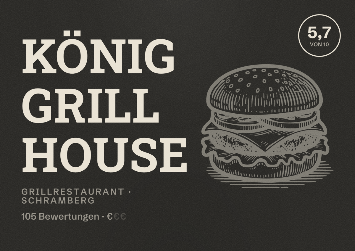 Illustriertes Poster von König Grill House, Grillrestaurant in Schramberg: Bewertung 5,7 von 10 aus 105 Bewertungen, Preisniveau €