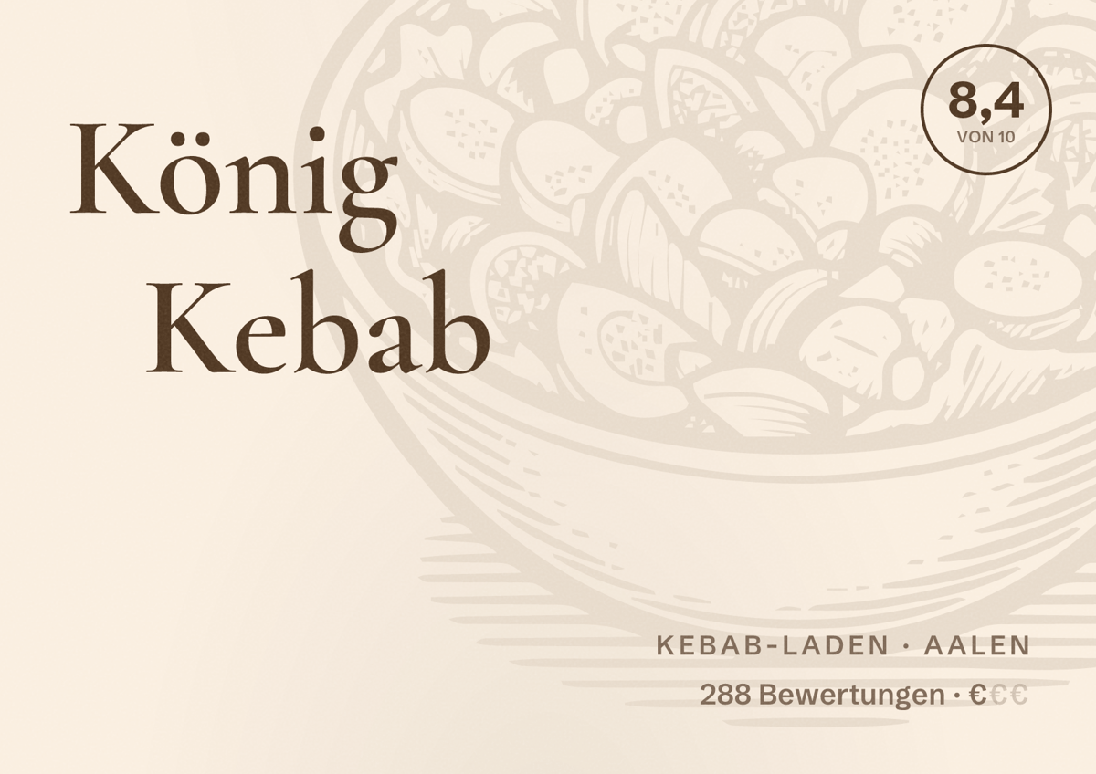 Illustriertes Poster von König Kebab, Kebab-Laden in Aalen: Bewertung 8,4 von 10 aus 288 Bewertungen, Preisniveau €