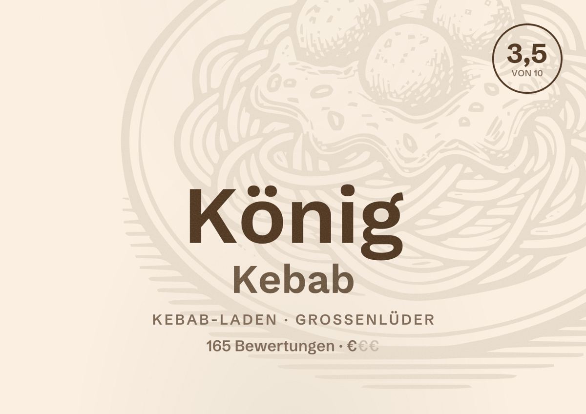 Illustriertes Poster von König Kebab, Kebab-Laden in Großenlüder: Bewertung 3,5 von 10 aus 165 Bewertungen, Preisniveau €