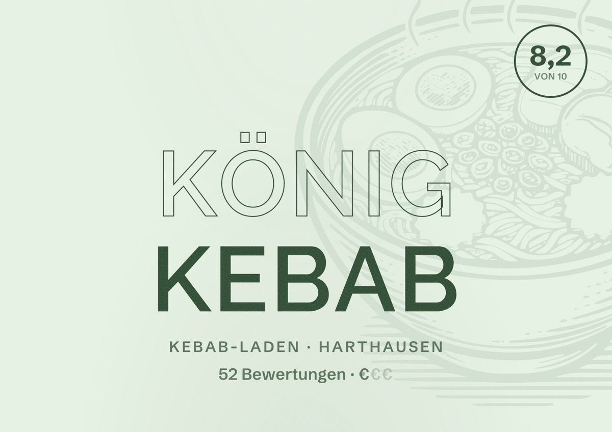 Illustriertes Poster von König Kebab, Kebab-Laden in Harthausen: Bewertung 8,2 von 10 aus 52 Bewertungen, Preisniveau €