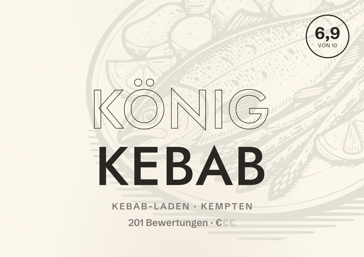 Illustriertes Poster von König Kebab, Kebab-Laden in Kempten: Bewertung 6,9 von 10 aus 201 Bewertungen, Preisniveau €