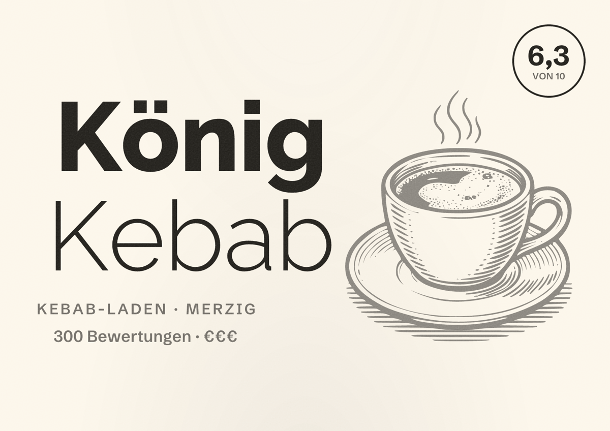 Illustriertes Poster von König Kebab, Kebab-Laden in Merzig: Bewertung 6,3 von 10 aus 300 Bewertungen, Preisniveau €€€