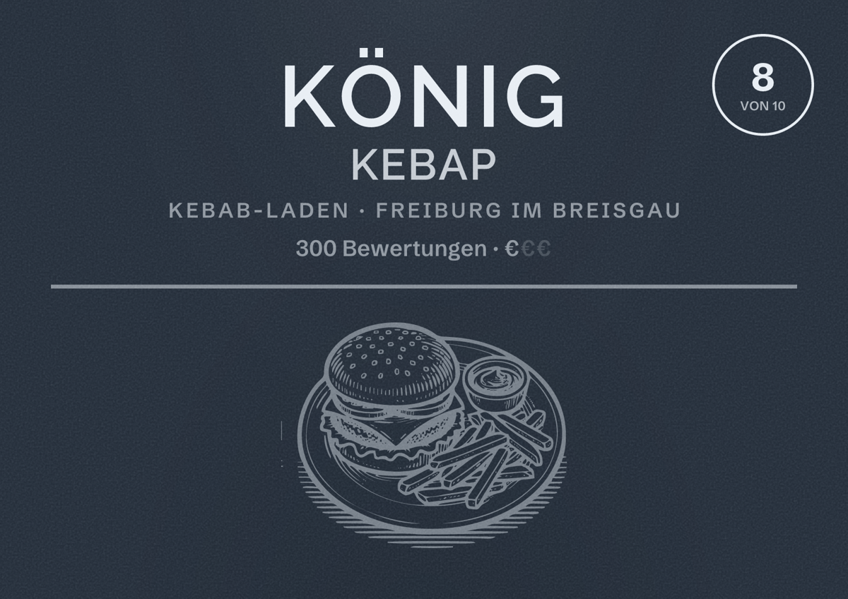 Illustriertes Poster von König Kebap, Kebab-Laden in Freiburg im Breisgau: Bewertung 8,0 von 10 aus 300 Bewertungen, Preisniveau €