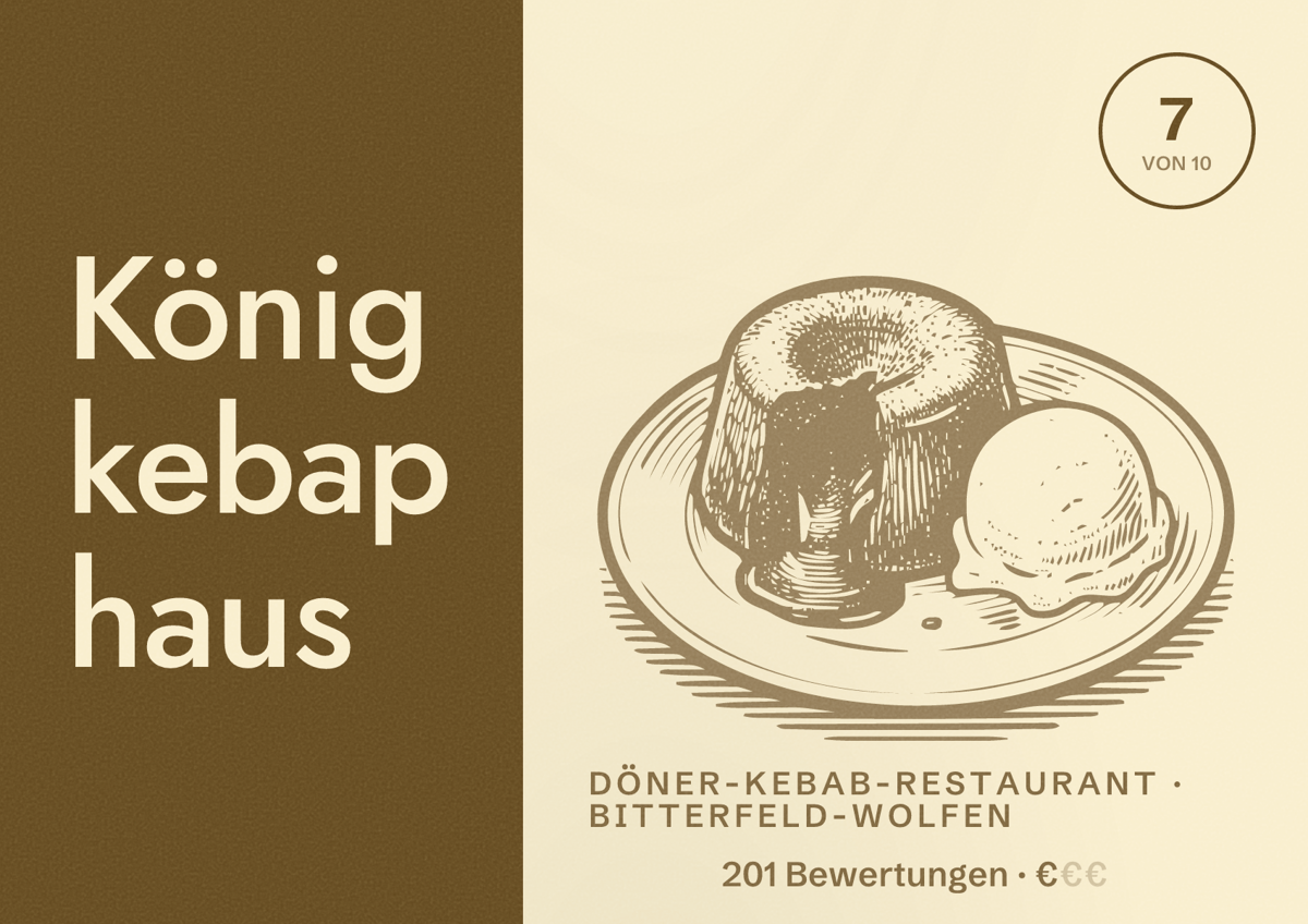 Illustriertes Poster von König kebap haus, Döner-Kebab-Restaurant in Bitterfeld-Wolfen: Bewertung 7 von 10 aus 201 Bewertungen, Preisniveau €