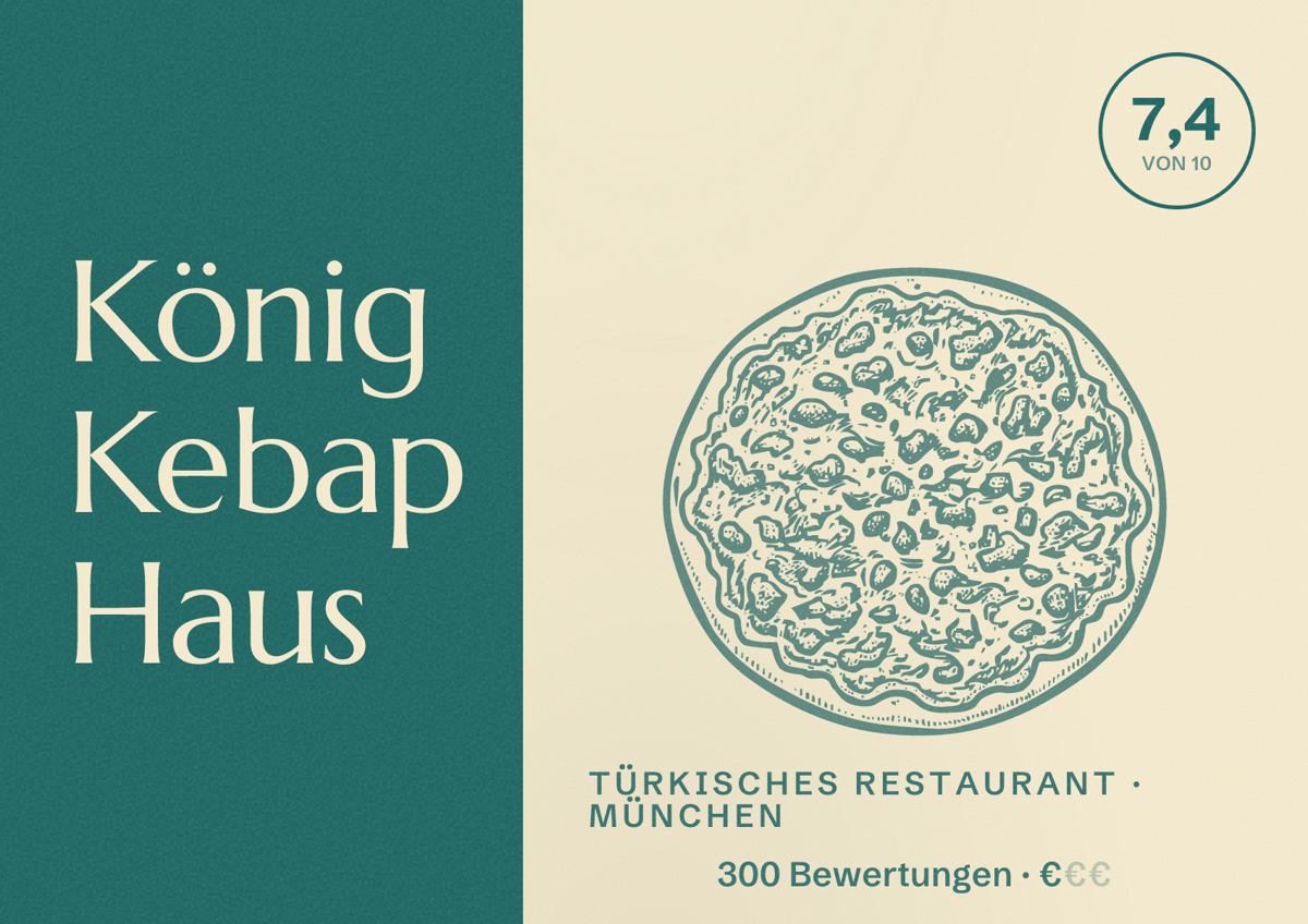 Illustriertes Poster von König Kebap Haus, Türkisches Restaurant in München: Bewertung 7,4 von 10 aus 300 Bewertungen, Preisniveau €