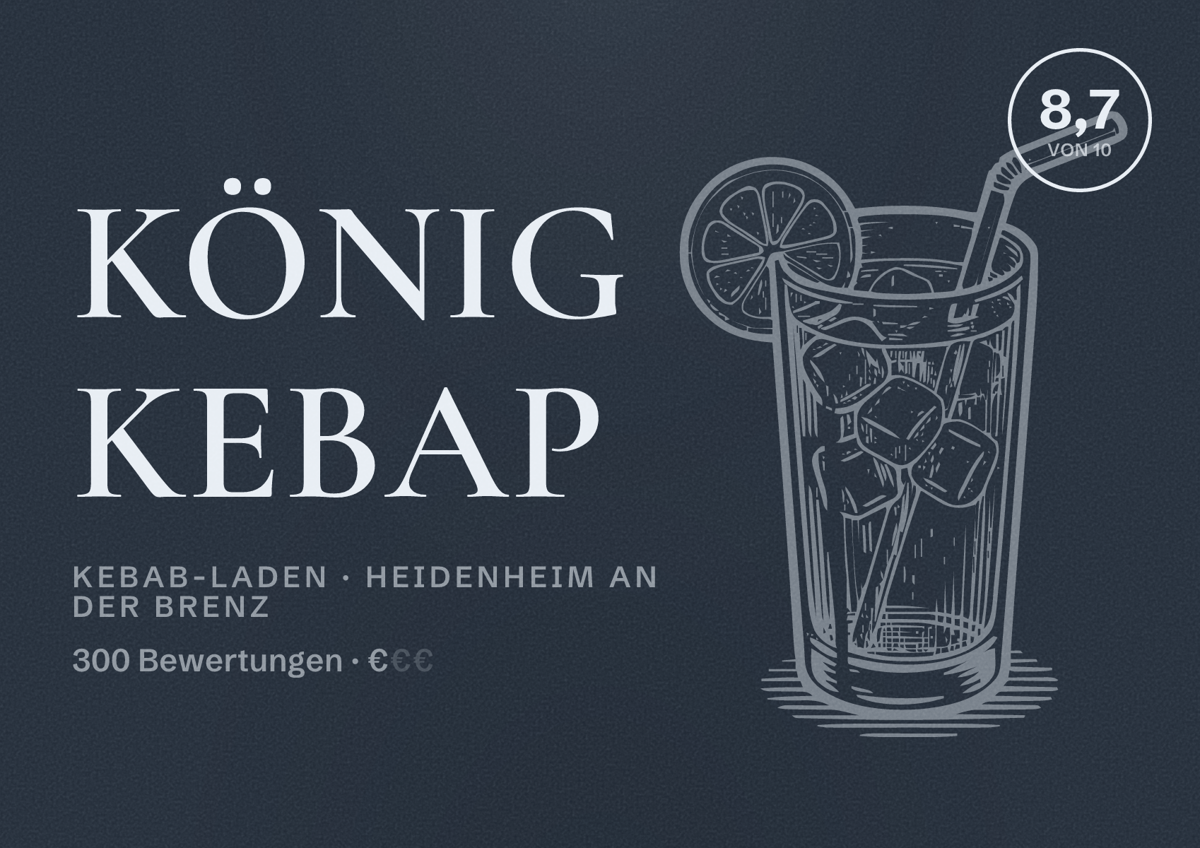 Illustriertes Poster von König Kebap, Kebab-Laden in Heidenheim an der Brenz: Bewertung 8,7 von 10 aus 300 Bewertungen, Preisniveau €