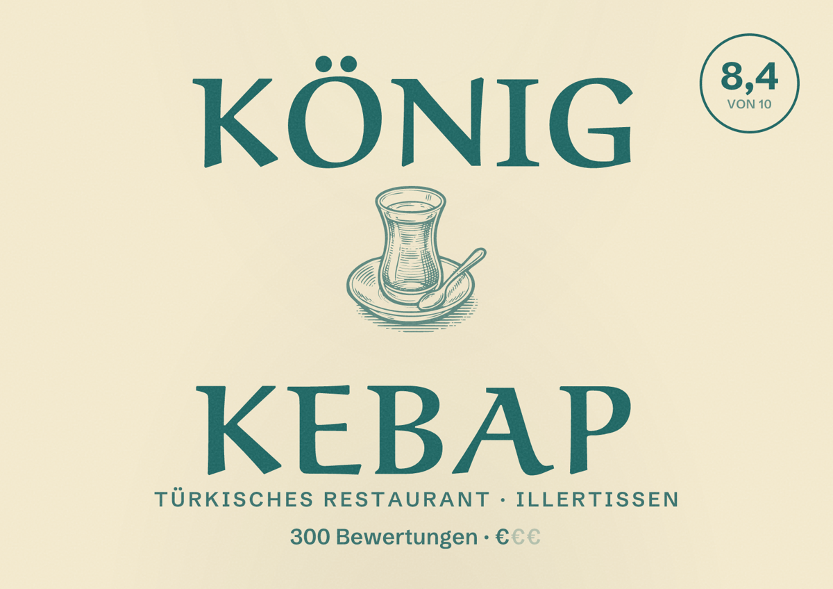 Illustriertes Poster von König Kebap, Türkisches Restaurant in Illertissen: Bewertung 8,4 von 10 aus 300 Bewertungen, Preisniveau €