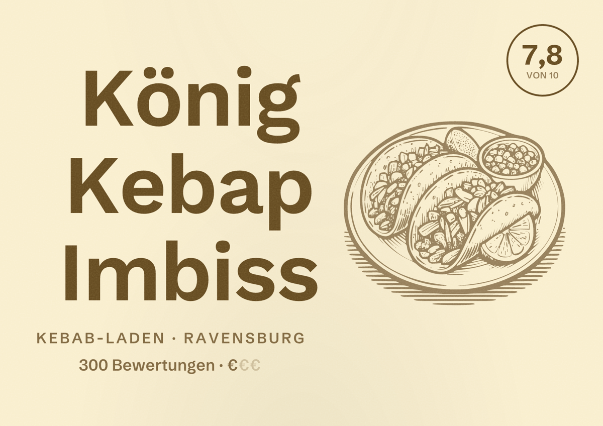 Illustriertes Poster von König Kebap Imbiss, Kebab-Laden in Ravensburg: Bewertung 7,8 von 10 aus 300 Bewertungen, Preisniveau €
