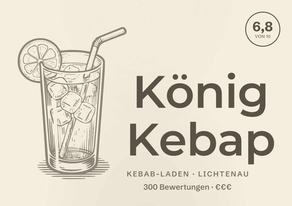 Illustriertes Poster von König Kebap, Kebab-Laden in Lichtenau: Bewertung 6,8 von 10 aus 300 Bewertungen, Preisniveau €€€