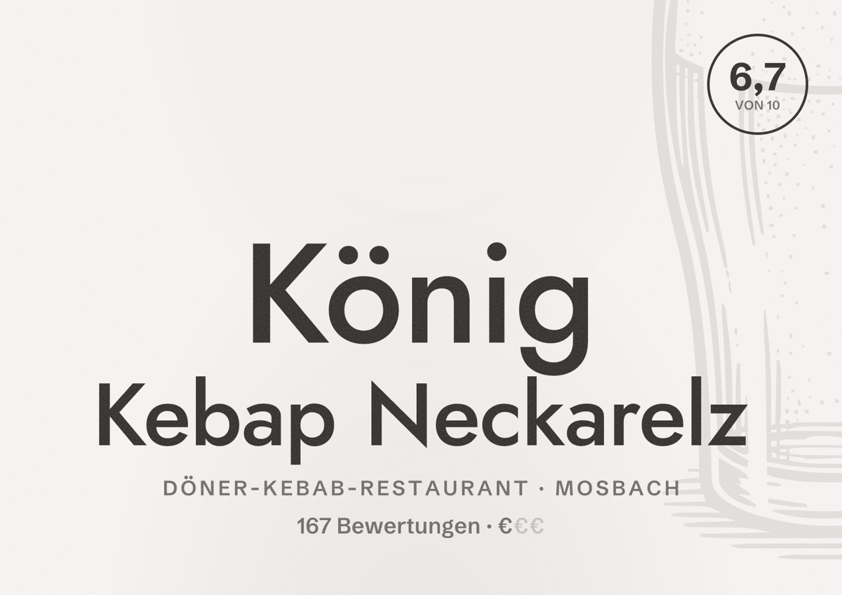 Illustriertes Poster von König Kebap Neckarelz, Döner-Kebab-Restaurant in Mosbach: Bewertung 6,7 von 10 aus 167 Bewertungen, Preisniveau €