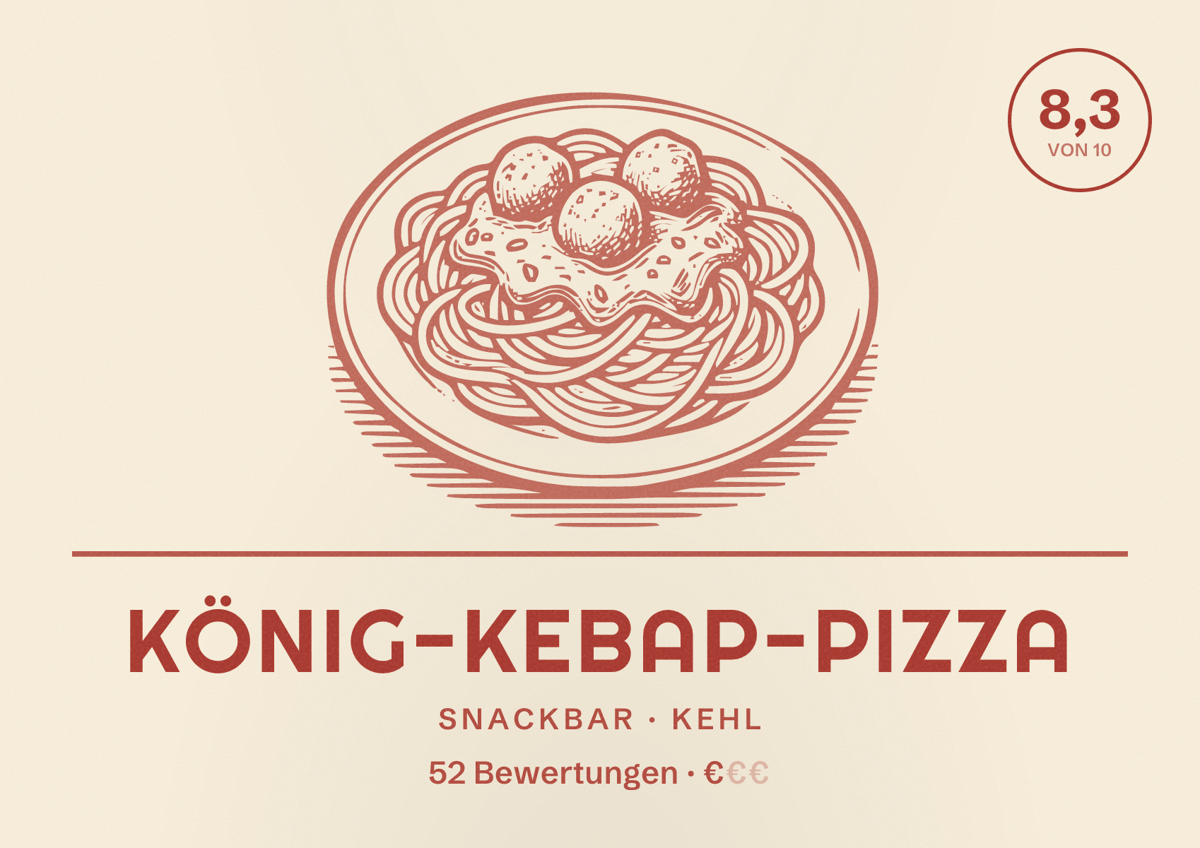 Illustriertes Poster von König-Kebap-Pizza, Snackbar in Kehl: Bewertung 8,3 von 10 aus 52 Bewertungen, Preisniveau €