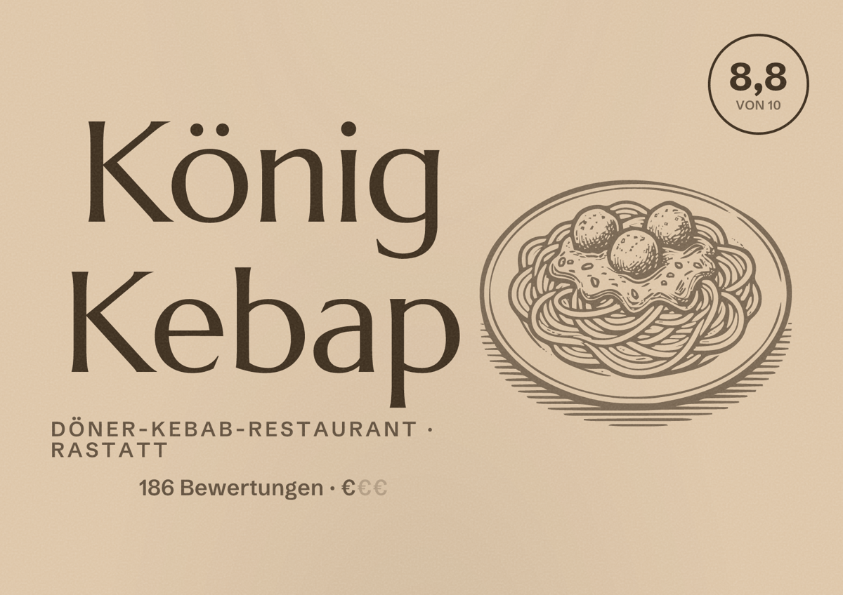Illustriertes Poster von König Kebap, Döner-Kebab-Restaurant in Rastatt: Bewertung 8,8 von 10 aus 186 Bewertungen, Preisniveau €