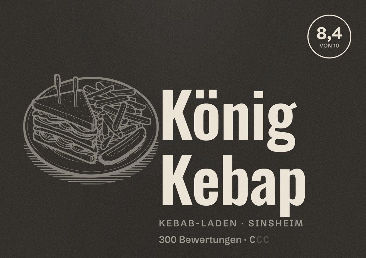 Illustriertes Poster von König Kebap, Kebab-Laden in Sinsheim: Bewertung 8,4 von 10 aus 300 Bewertungen, Preisniveau €