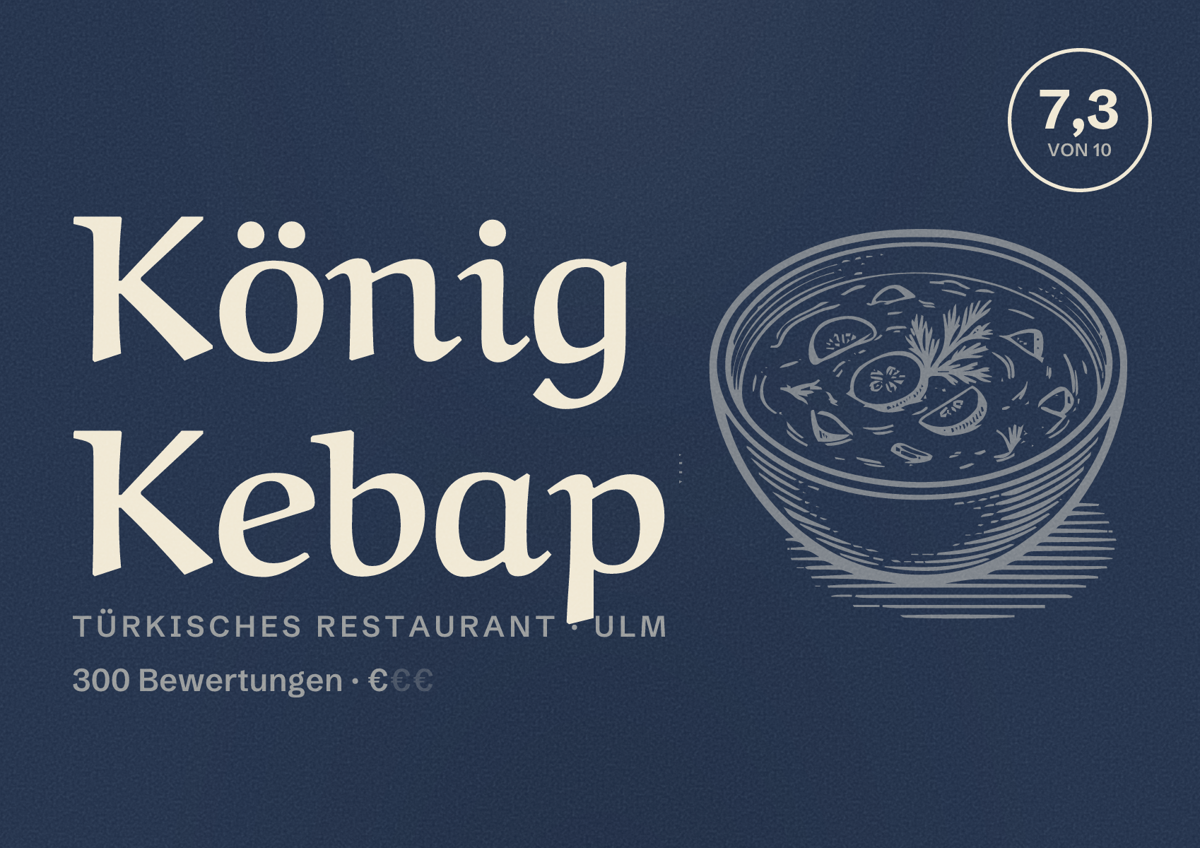 Illustriertes Poster von König Kebap, Türkisches Restaurant in Ulm: Bewertung 7,3 von 10 aus 300 Bewertungen, Preisniveau €