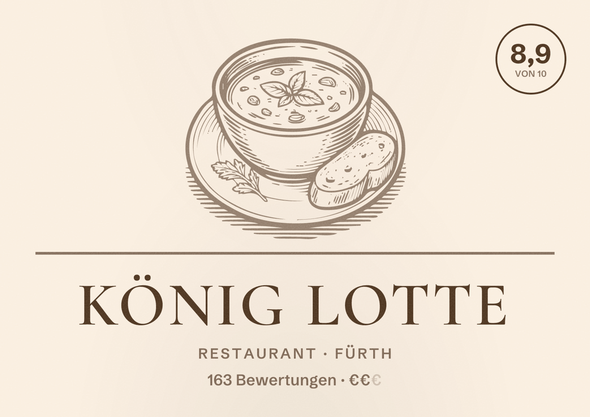 Illustriertes Poster von König Lotte, Restaurant in Fürth: Bewertung 8,9 von 10 aus 163 Bewertungen, Preisniveau €€
