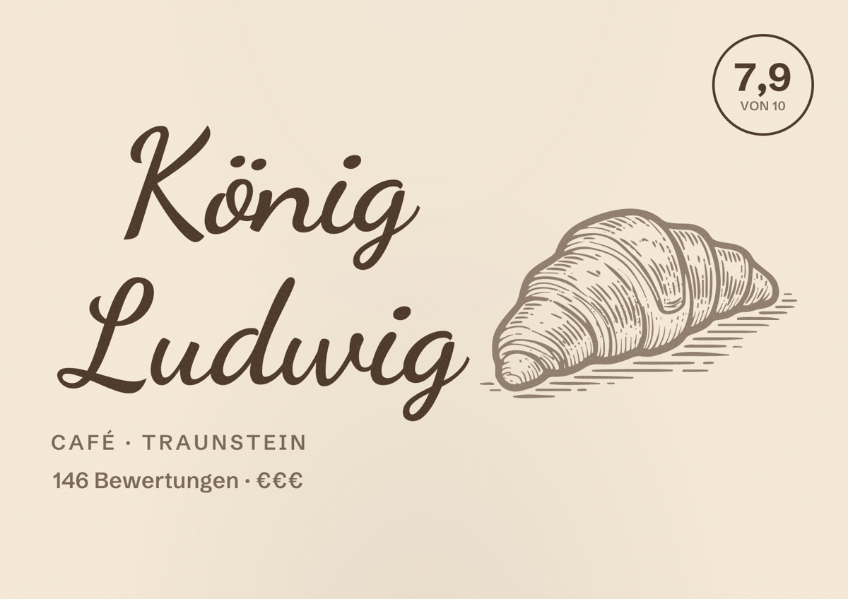 Illustriertes Poster von König Ludwig, Café in Traunstein: Bewertung 7,9 von 10 aus 146 Bewertungen, Preisniveau €€€
