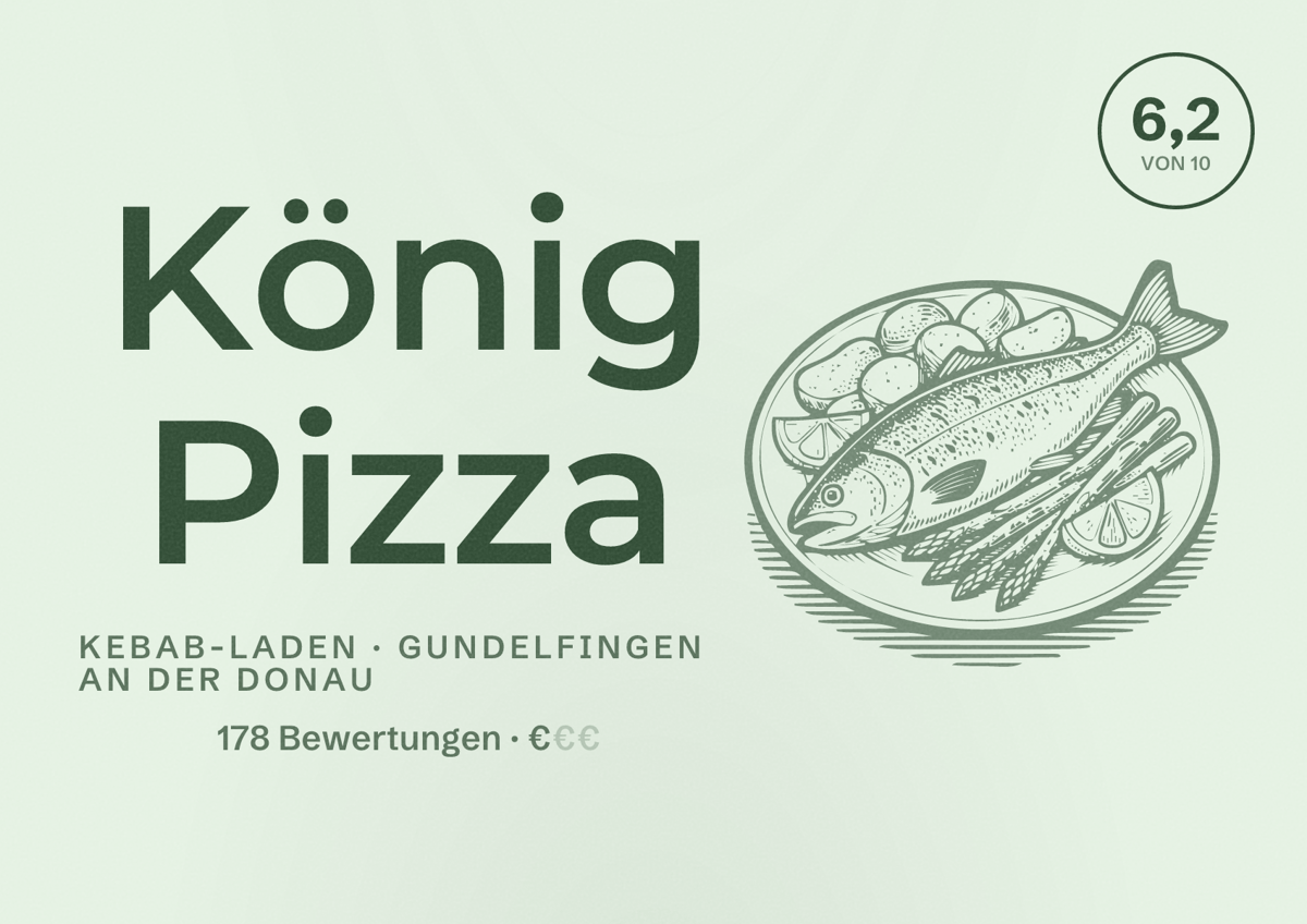 Illustriertes Poster von König Pizza, Kebab-Laden in Gundelfingen an der Donau: Bewertung 6,2 von 10 aus 178 Bewertungen, Preisniveau €