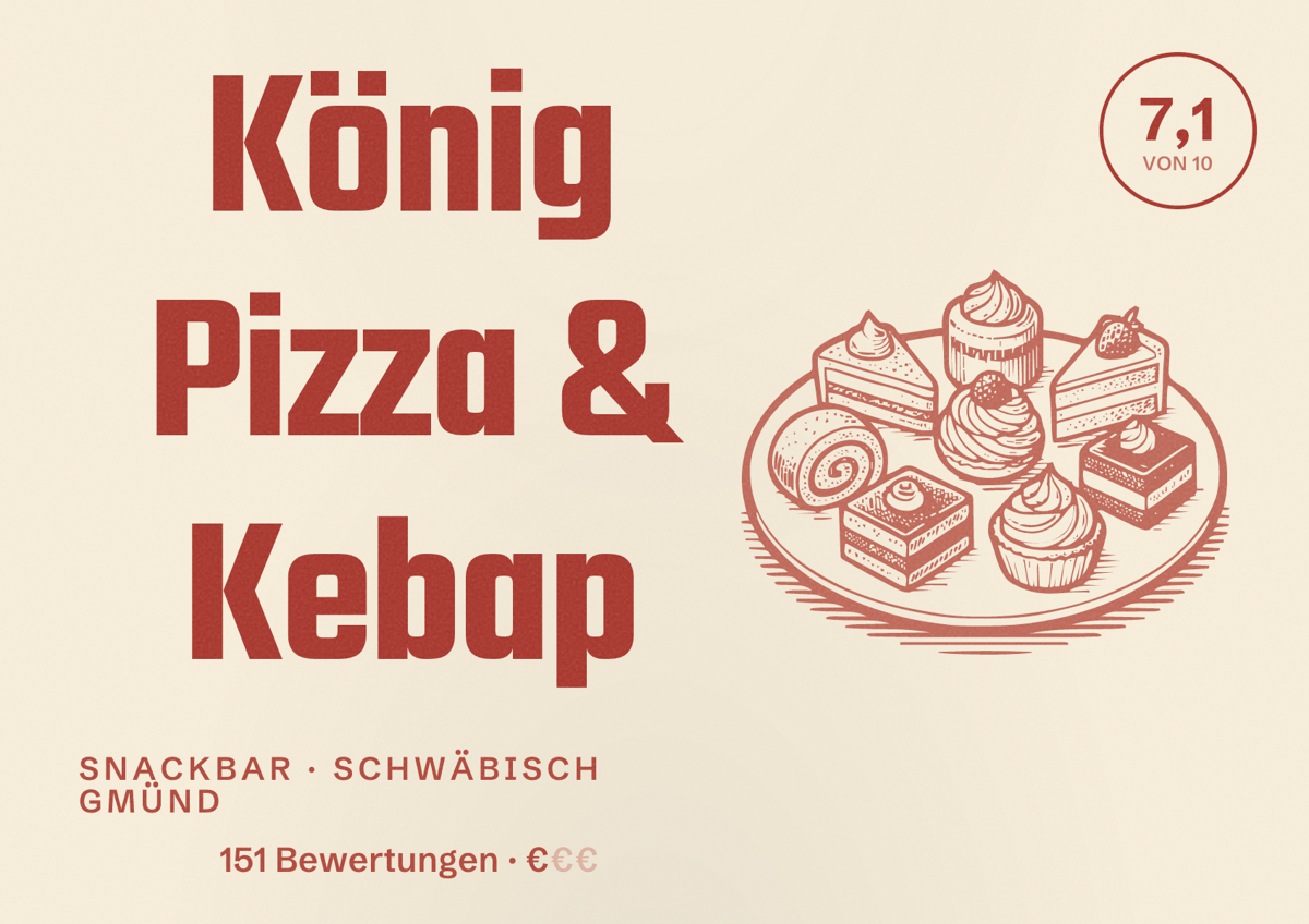 Illustriertes Poster von König Pizza & Kebap, Snackbar in Schwäbisch Gmünd: Bewertung 7,1 von 10 aus 151 Bewertungen, Preisniveau €