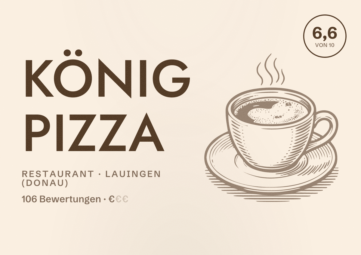 Illustriertes Poster von König Pizza, Restaurant in Lauingen (Donau): Bewertung 6,6 von 10 aus 106 Bewertungen, Preisniveau €