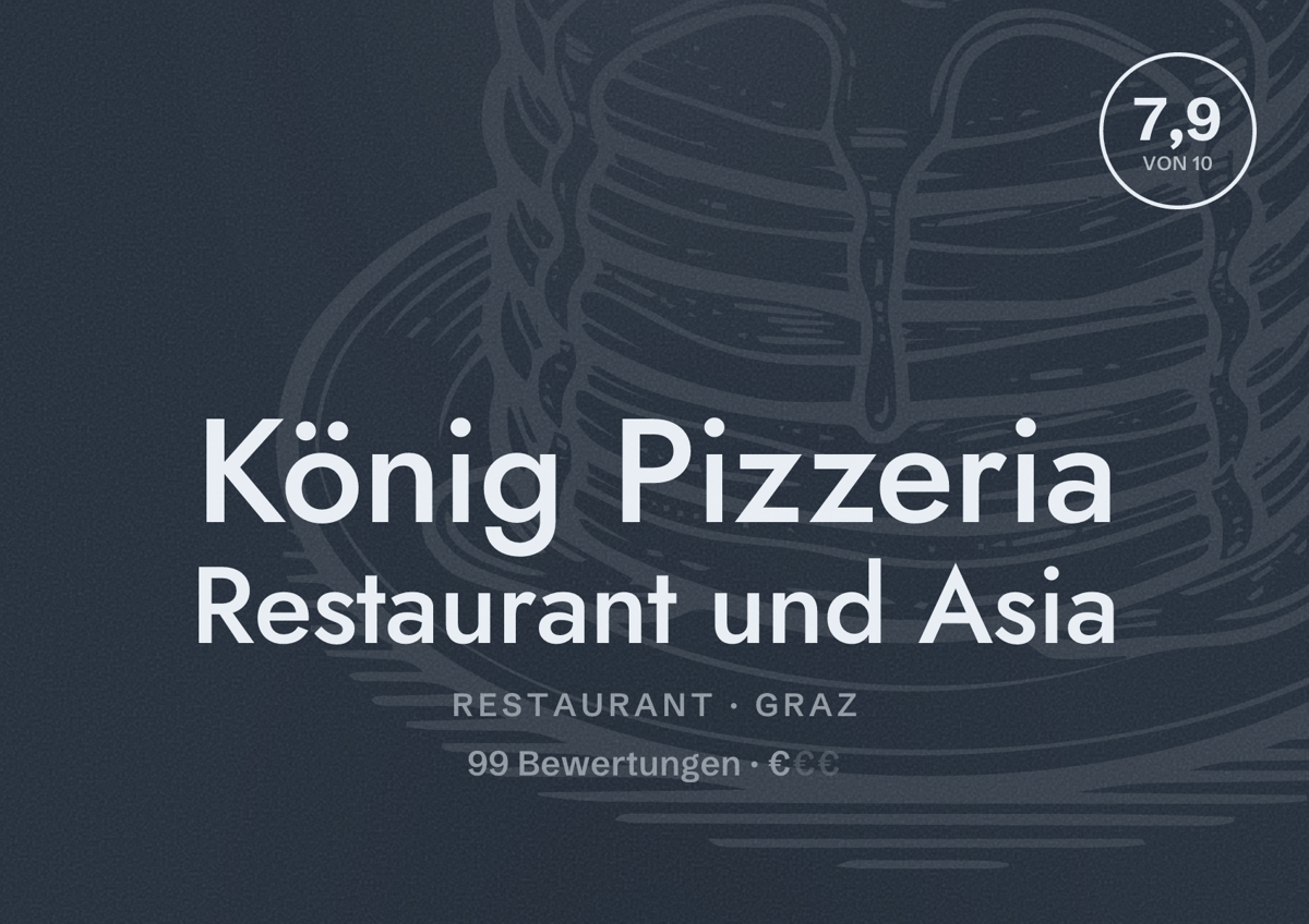 Illustriertes Poster von König Pizzeria Restaurant und Asia, Restaurant in Graz: Bewertung 7,9 von 10 aus 99 Bewertungen, Preisniveau €