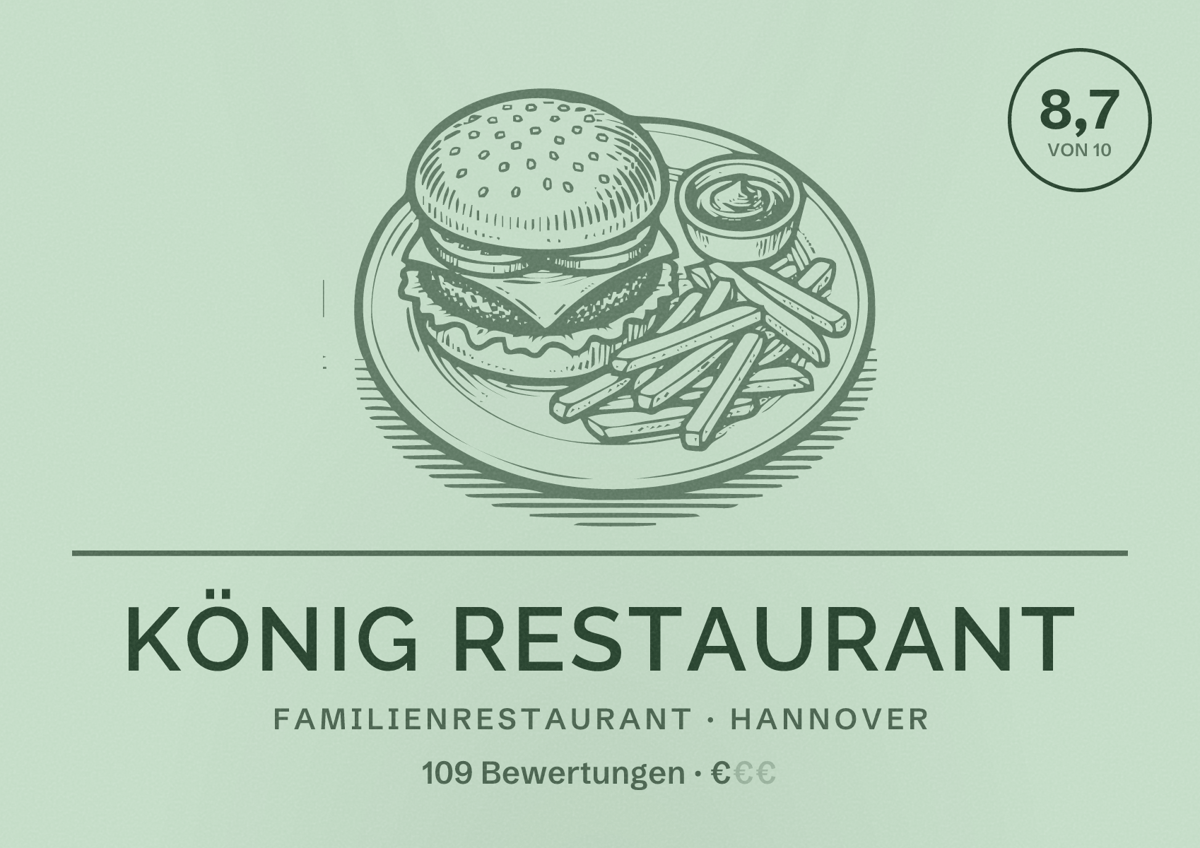Illustriertes Poster von König Restaurant, Familienrestaurant in Hannover: Bewertung 8,7 von 10 aus 109 Bewertungen, Preisniveau €