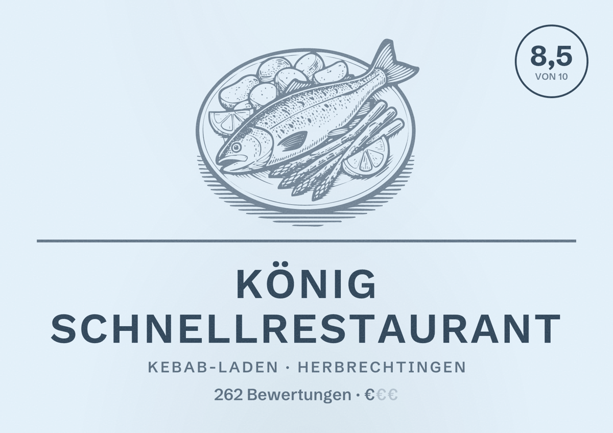 Illustriertes Poster von König Schnellrestaurant, Kebab-Laden in Herbrechtingen: Bewertung 8,5 von 10 aus 262 Bewertungen, Preisniveau €