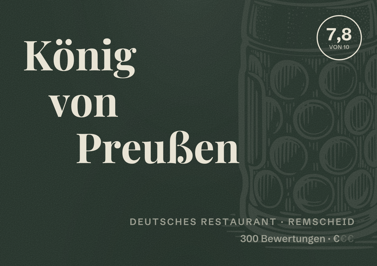 Illustriertes Poster von König von Preußen, Deutsches Restaurant in Remscheid: Bewertung 7,8 von 10 aus 300 Bewertungen, Preisniveau €