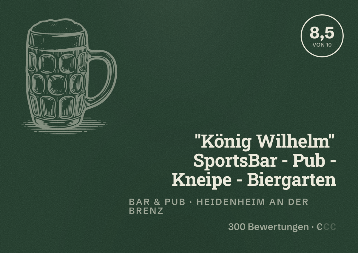Illustriertes Poster von "König Wilhelm" SportsBar - Pub - Kneipe - Biergarten, Bar & Pub in Heidenheim an der Brenz: Bewertung 8,5 von 10 aus 300 Bewertungen, Preisniveau €
