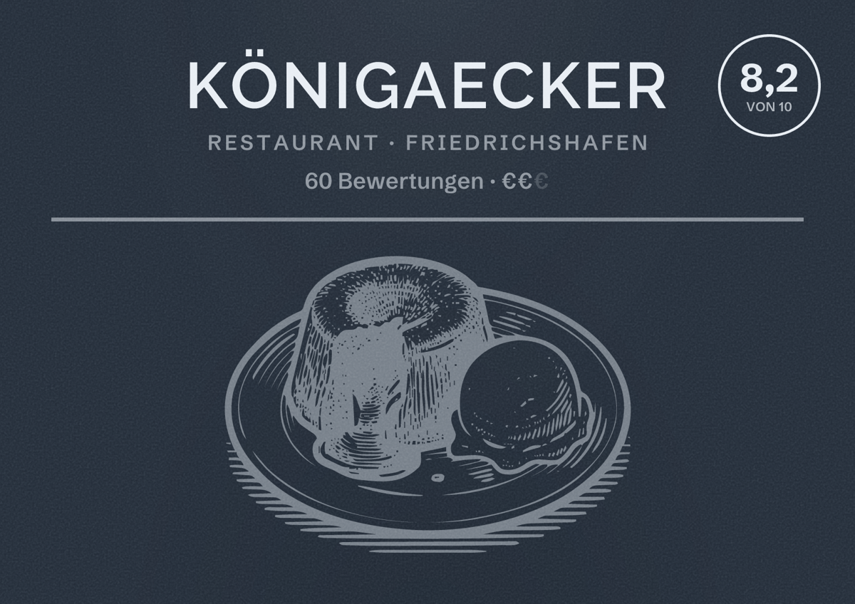 Illustriertes Poster von Königaecker, Restaurant in Friedrichshafen: Bewertung 8,2 von 10 aus 60 Bewertungen, Preisniveau €€