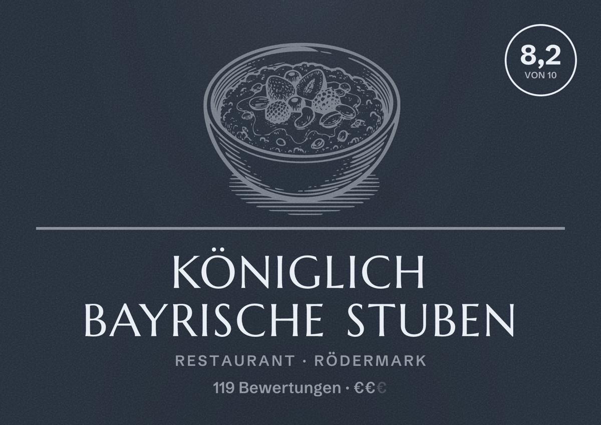 Illustriertes Poster von Königlich Bayrische Stuben, Restaurant in Rödermark: Bewertung 8,2 von 10 aus 119 Bewertungen, Preisniveau €€