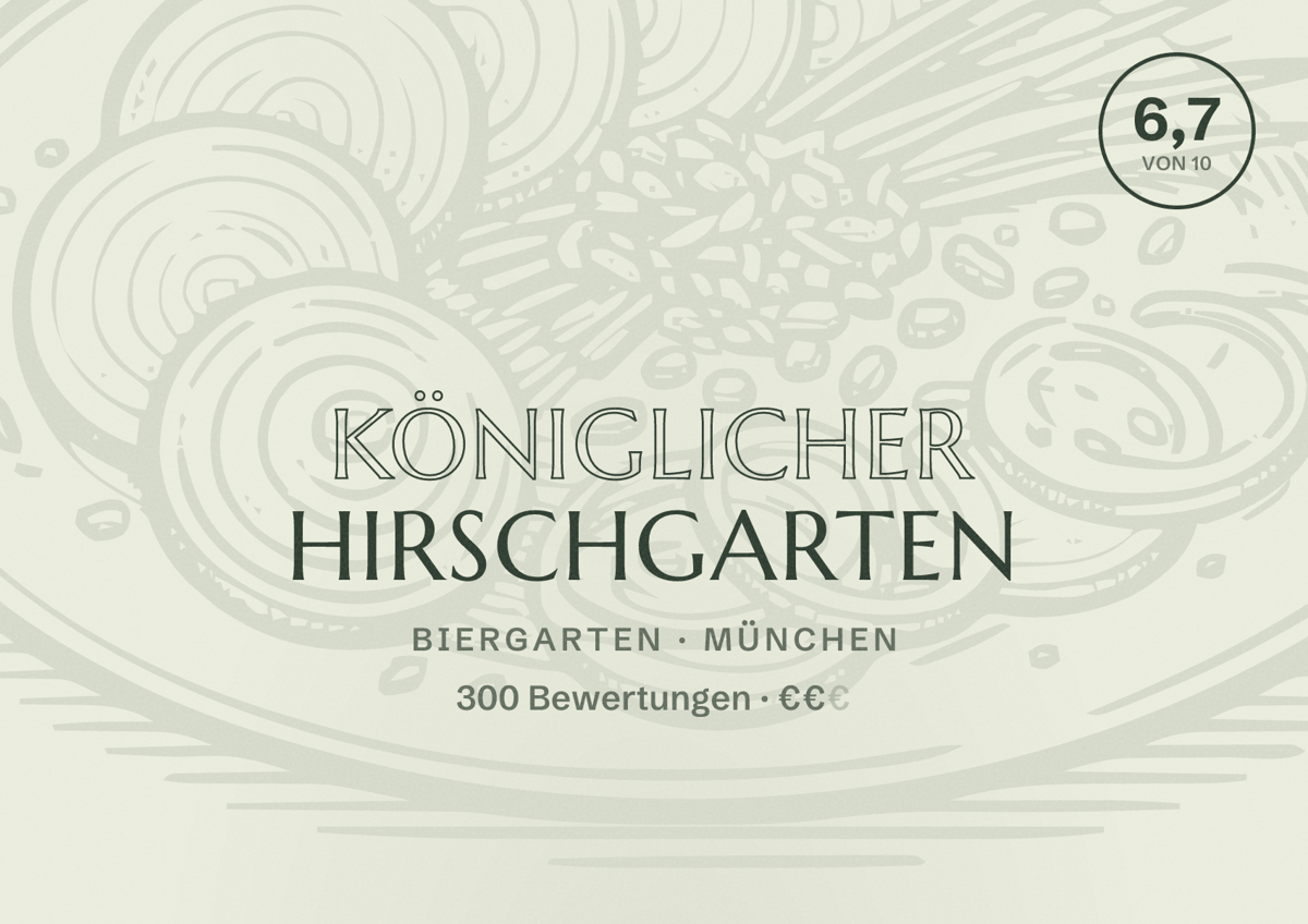 Illustriertes Poster von Königlicher Hirschgarten, Biergarten in München: Bewertung 6,7 von 10 aus 300 Bewertungen, Preisniveau €€