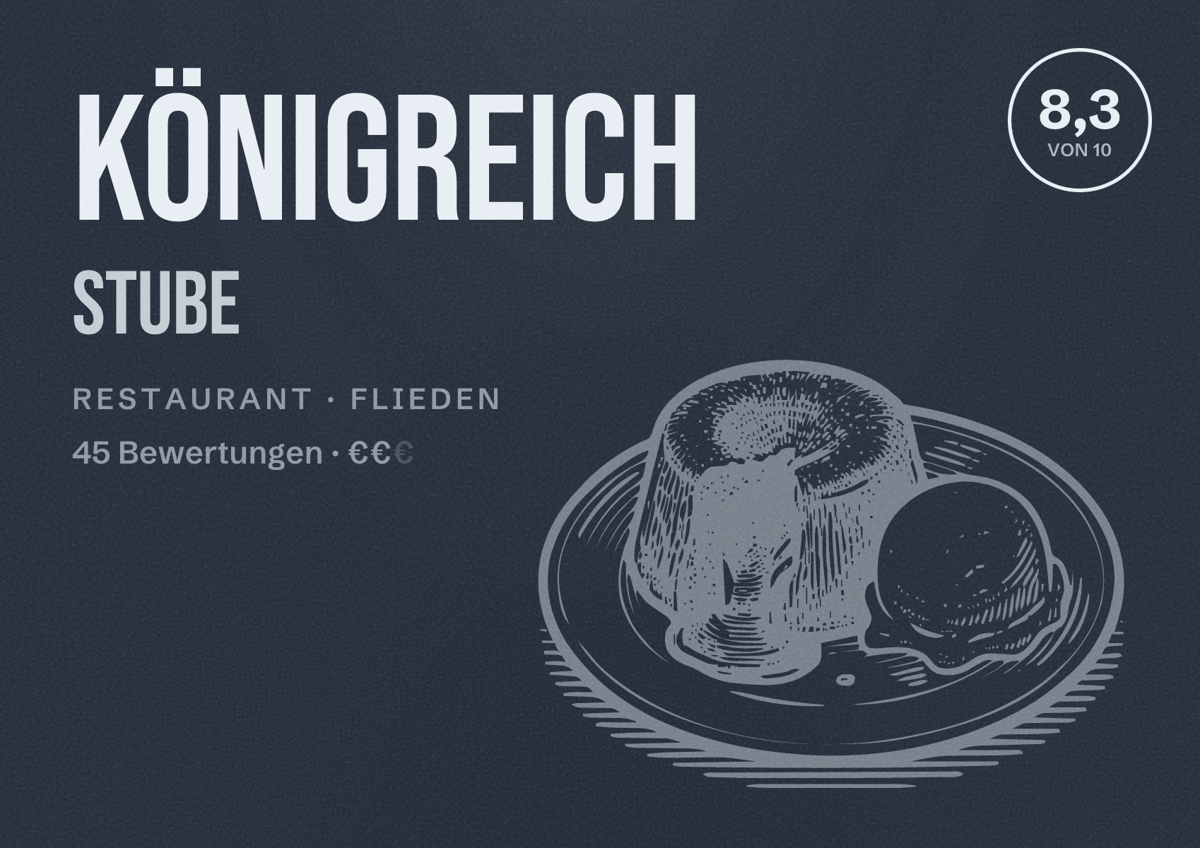Illustriertes Poster von Königreich Stube, Restaurant in Flieden: Bewertung 8,3 von 10 aus 45 Bewertungen, Preisniveau €€